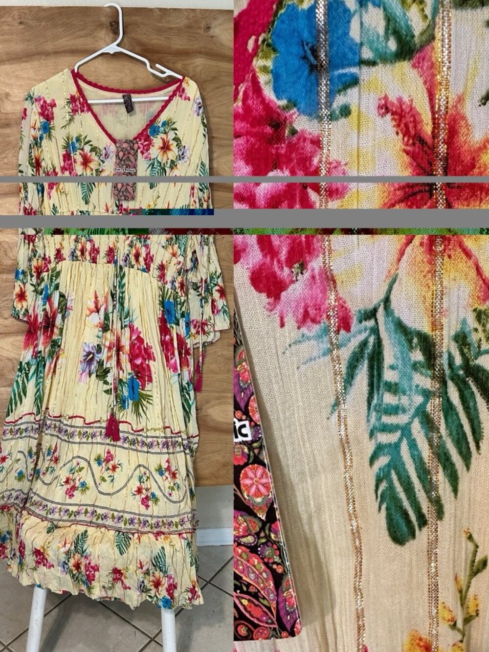 NWT Me 2 Magic Anthropologie Boho Maxi Dress 1X Gold Metallic Floral Hawaiian